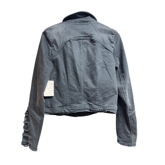 Free People‎ Denim Jacket Moto Style Gray Black Size S - Picture 3 of 9